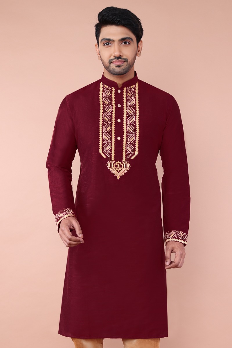  Maroon Cotton Slub Embroidered Long Kurta