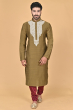 KHAKI COTTON SLUB EXCLUSIVE EMBROIDERED LONG KURTA