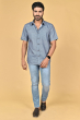 GREYISH BLUE COTTON PRINTED HALF SHIRT