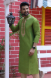 GREEN COTTON SLUB EXCLUSIVE EMBROIDERED LONG KURTA