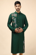 BOTTLE GREEN COTTON TUSSAR EMBROIDERED LONG KURTA