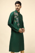 BOTTLE GREEN COTTON TUSSAR EMBROIDERED LONG KURTA