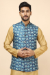 BLUE JACQUARD DIGITAL PRINTED ETHNIC JACKET