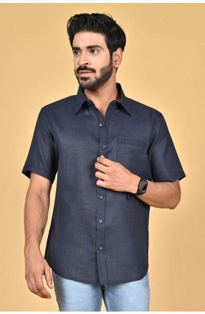 NAVY BLUE LINEN HALF SHIRT