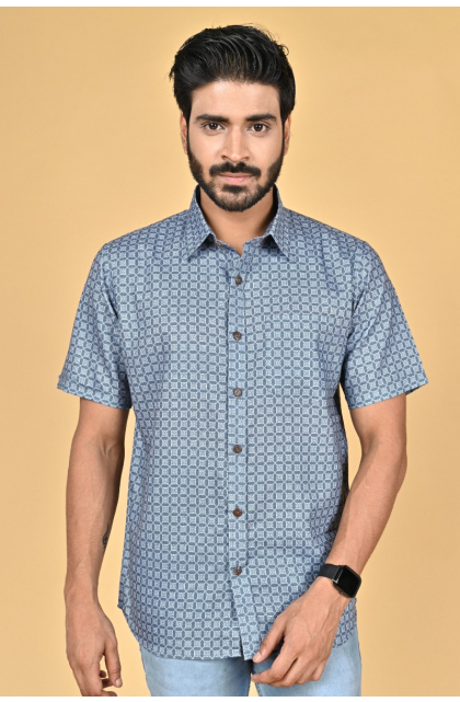 GREYISH BLUE COTTON PRINTED HALF SHIRT