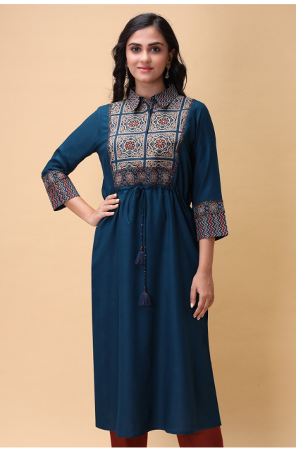 BLUE PRINTED RAYON LONG KAMEEZ